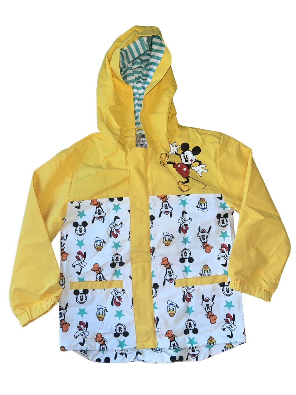 Yellow Mickey Mouse Kids Rain Jacket With Attached Pouch